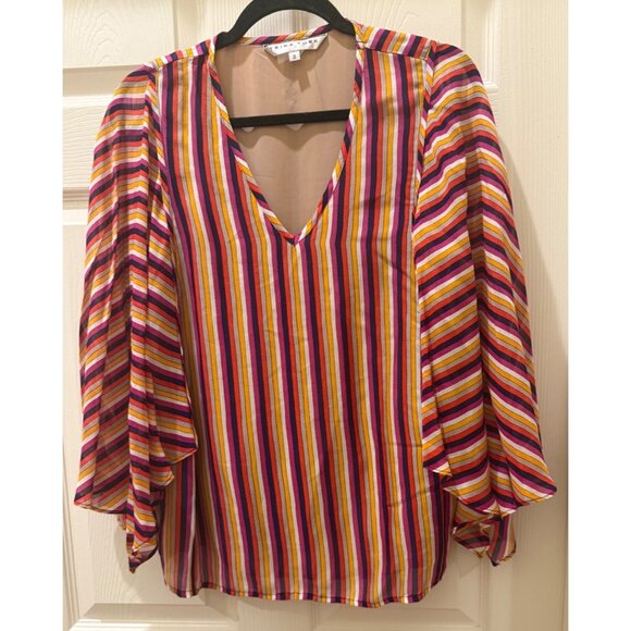 Trina Turk Striped Flutter Sleeve V-Neck Blouse S Multicolor Sheer Lined Womens - Picture 1 of 11